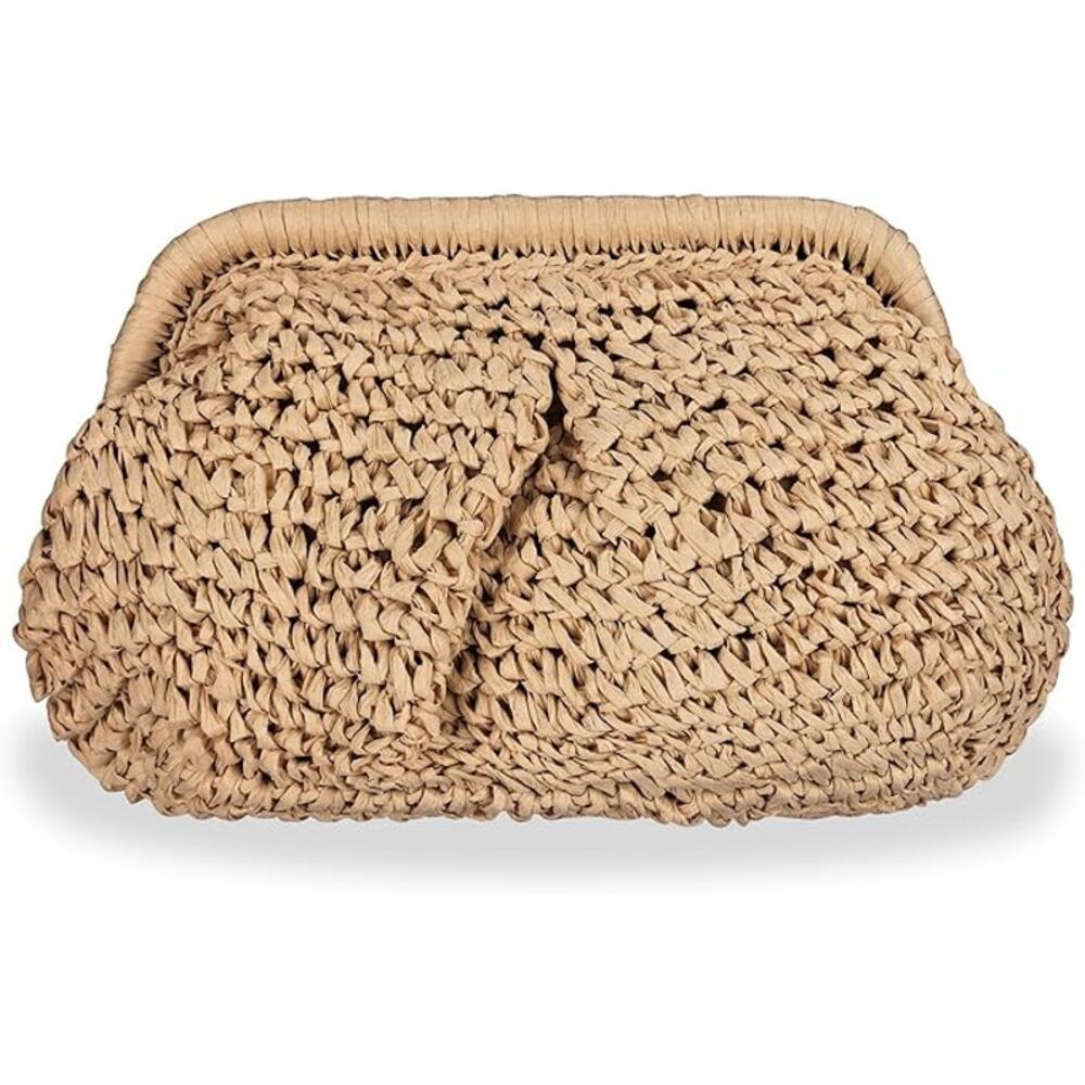 Tan Straw Clutch Handbags Women Woven Dumpling Purse Crossbody Shoulder Bag - Picture 1 of 6